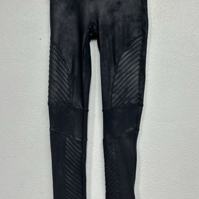 Spanx Moto Faux Leather Leggings Size Small Metallic Black Low Rise Slimming